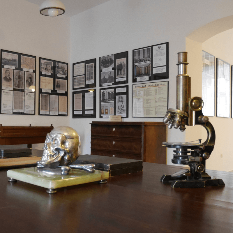 Muzeum dr. Roberta Kocha. Fragment ekspozycji stałej poświęconej życiu i pracy badawczej naukowca.