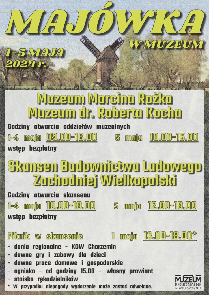 Plakat z opisem majówki. W tle wiatrak 