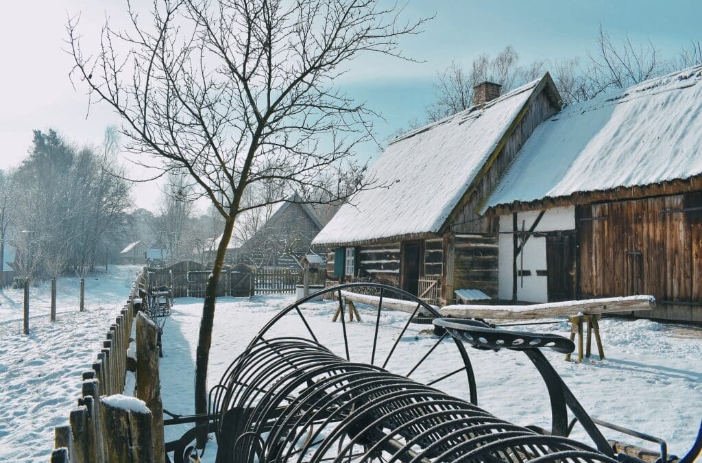 drewniane budynki pokryte śniegiem