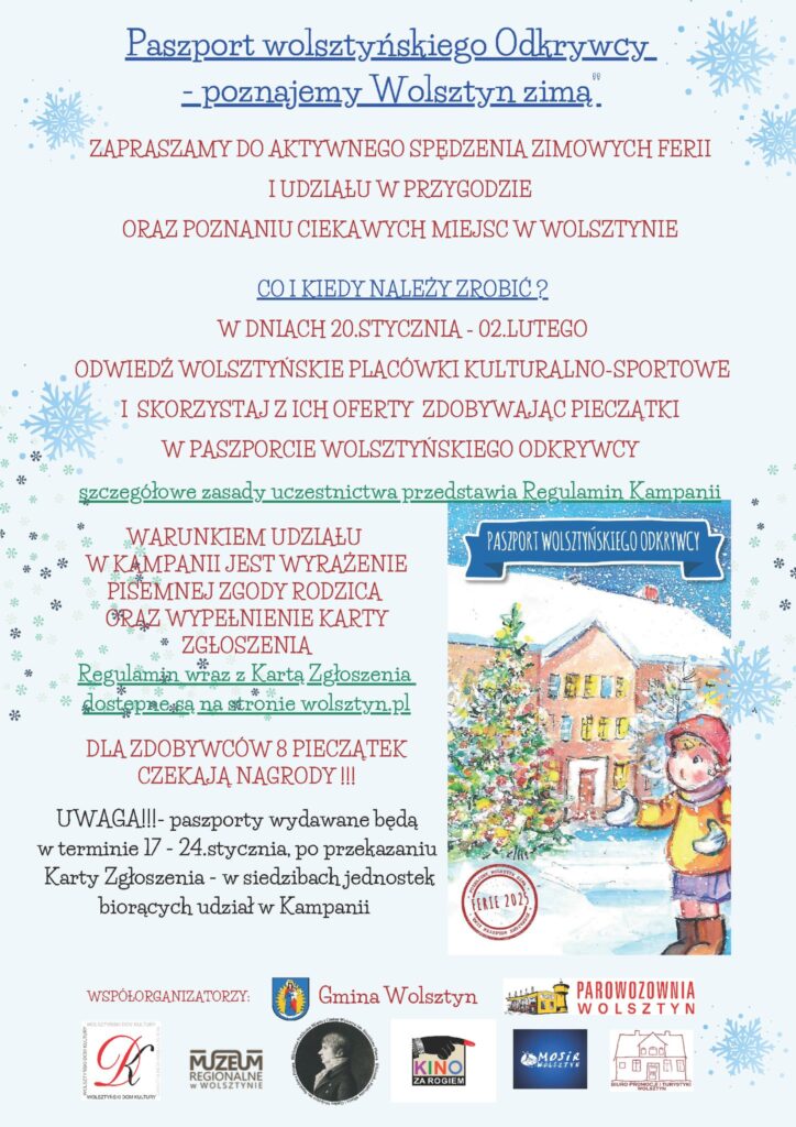 plakat informujący o akcji  Paszport Wolsztyńskiego Odkrywcy – poznaj Wolsztyn zimą