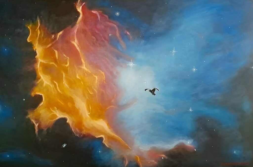 obraz pt. "W stronę swiatła". Ptak lecący w przestrzeni kosmicznej