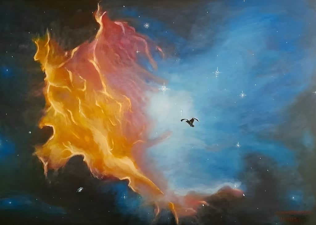 obraz pt. "W stronę swiatła". Ptak lecący w przestrzeni kosmicznej